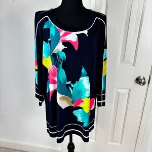 Rafaella Womens XL Navy Blue Floral Tunic Blouse Long Sleeve Shoulder Zippers